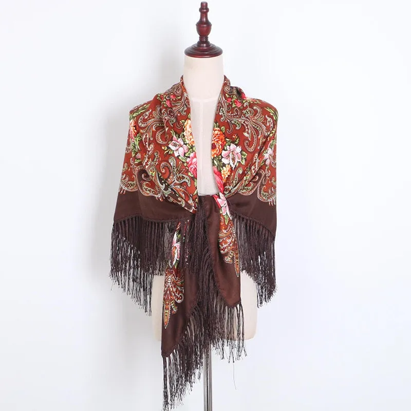 130*130cm Russian National Big Square Scarf For Women Cotton Ethnic Style Print Head Scarves Ladies Retro Fringed Blanket Shawl