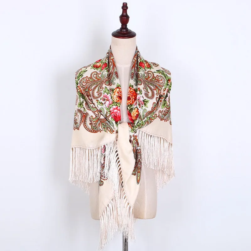 130*130cm Russian National Big Square Scarf For Women Cotton Ethnic Style Print Head Scarves Ladies Retro Fringed Blanket Shawl