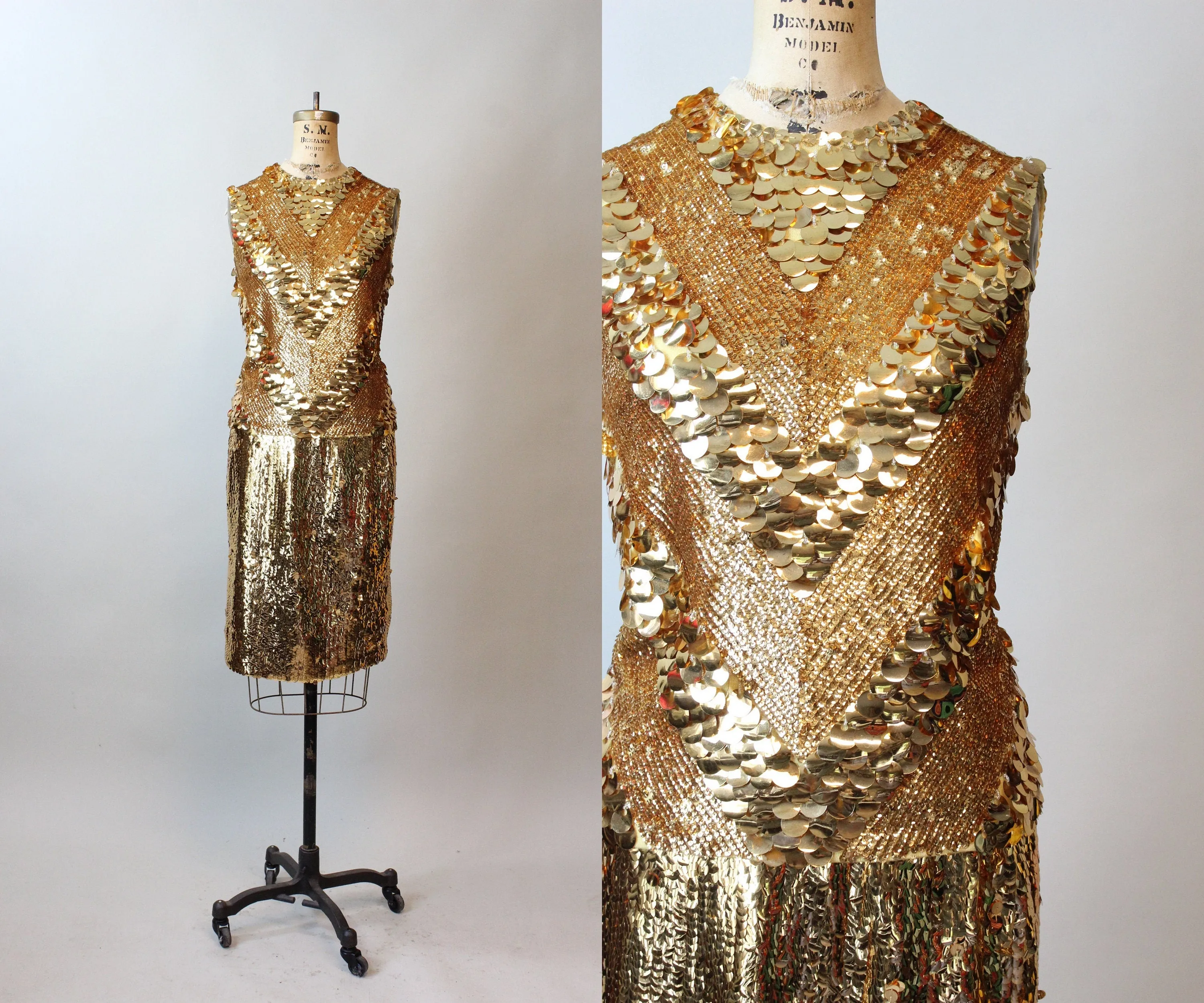 1960s GOLD SEQUIN dress pailettes top skirt set small medium | new fall