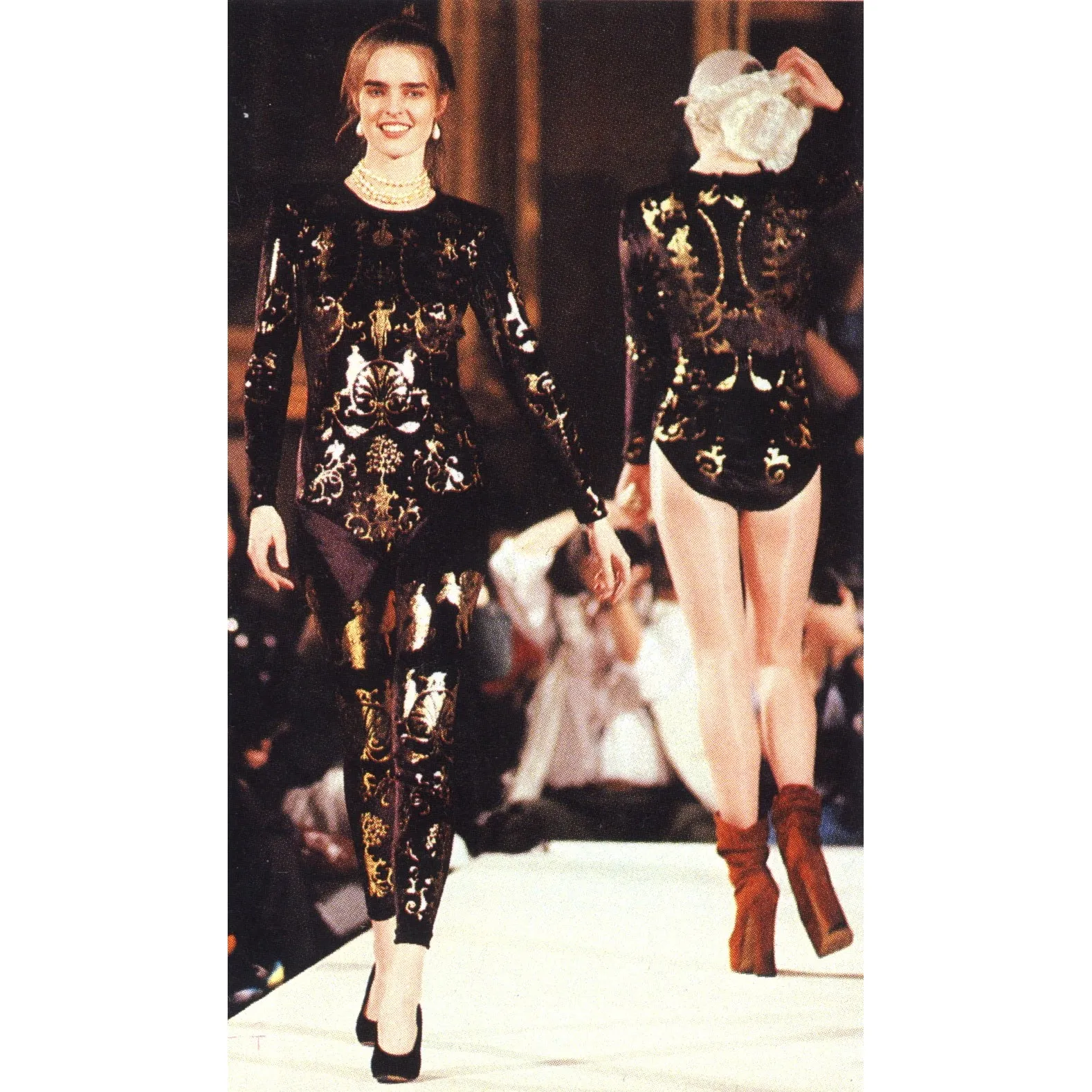 1990 Portrait Collection Black Velour and Gold Printed Foil Top and Leggings Set