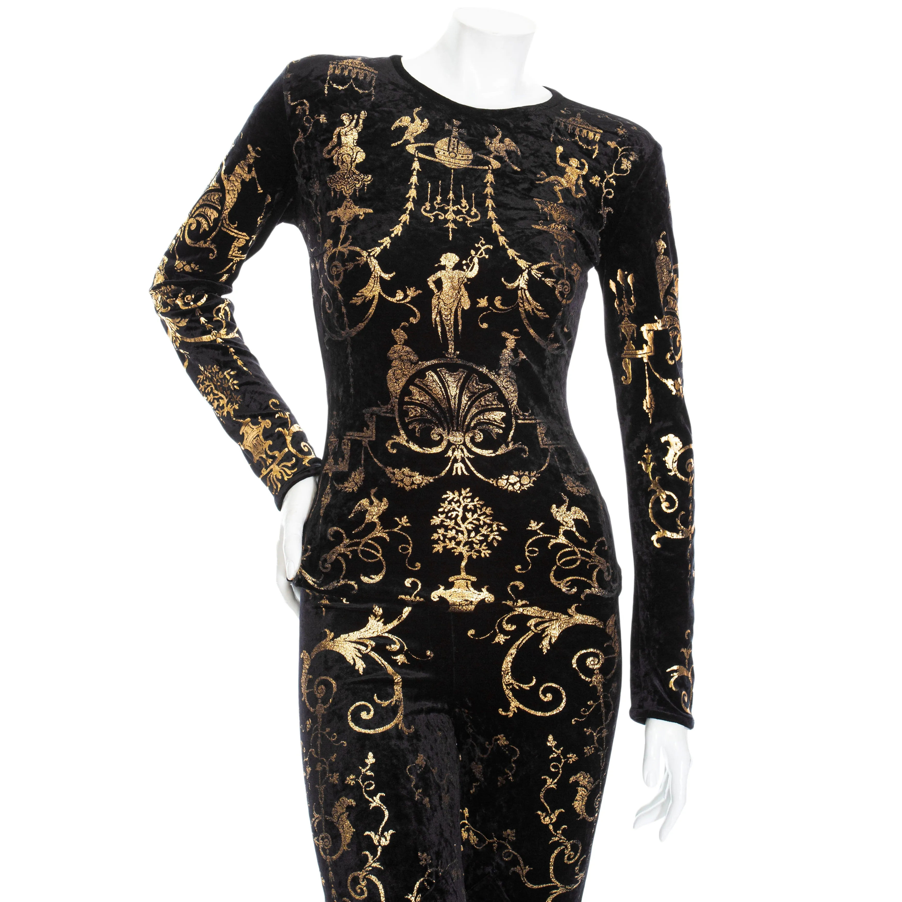 1990 Portrait Collection Black Velour and Gold Printed Foil Top and Leggings Set