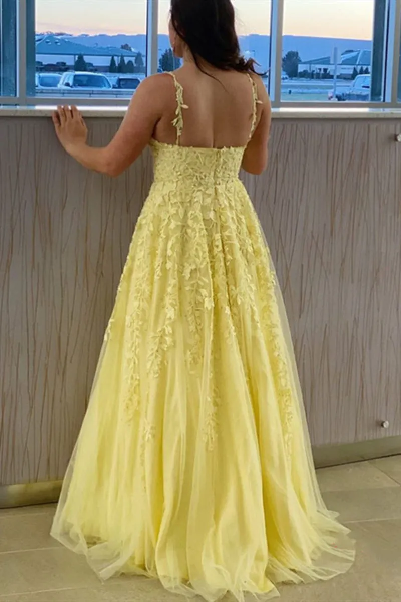 A Line V Neck Open Back Yellow Lace Long Prom Dress, Yellow Lace Formal Graduation Evening Dress