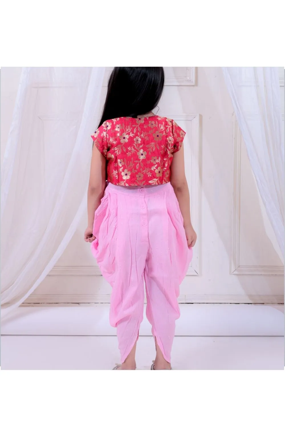 Baby Pink Dhoti Style Jumpsuit With Pink Brocade Shrug