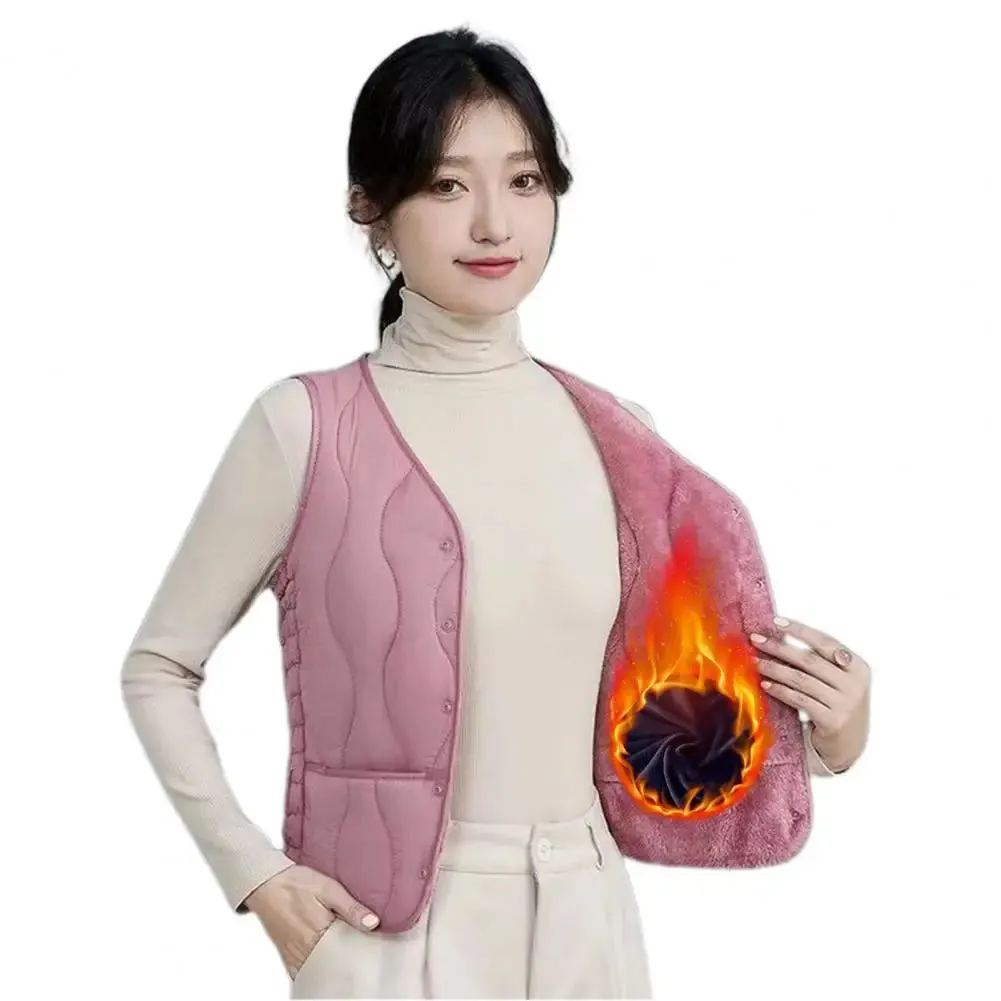 Button Closure Round Neck Sleeveless Solid Color Windproof Heat Retention Outdoor Coat Cotton Vest