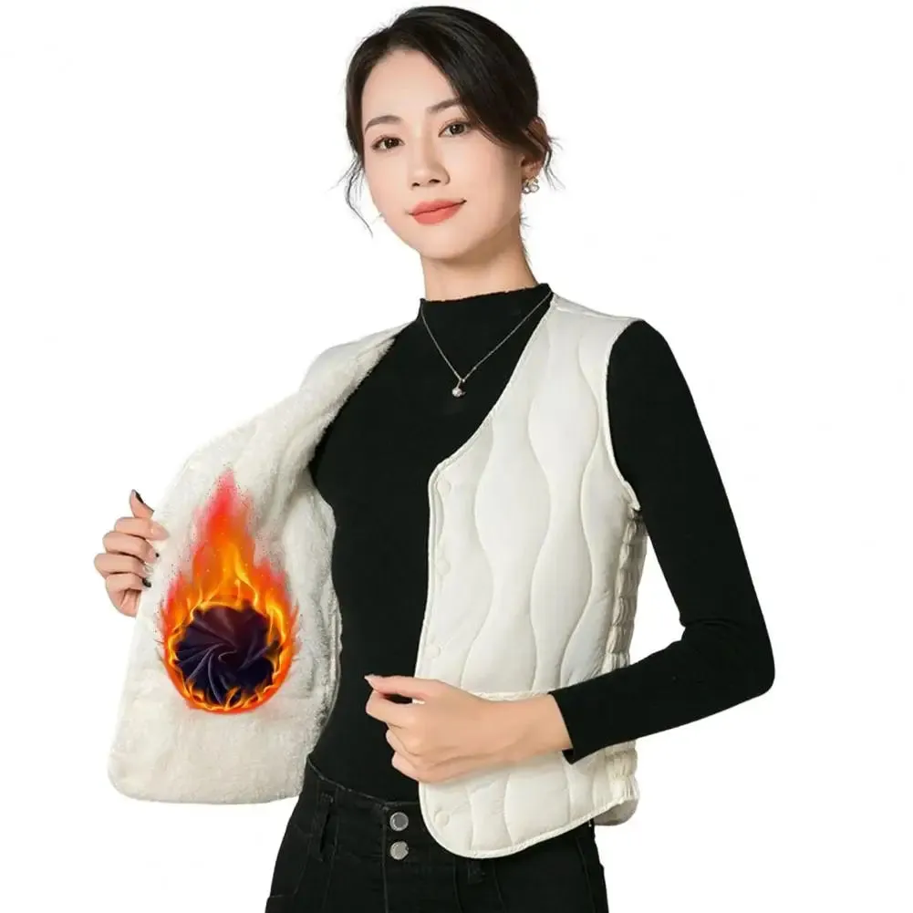 Button Closure Round Neck Sleeveless Solid Color Windproof Heat Retention Outdoor Coat Cotton Vest
