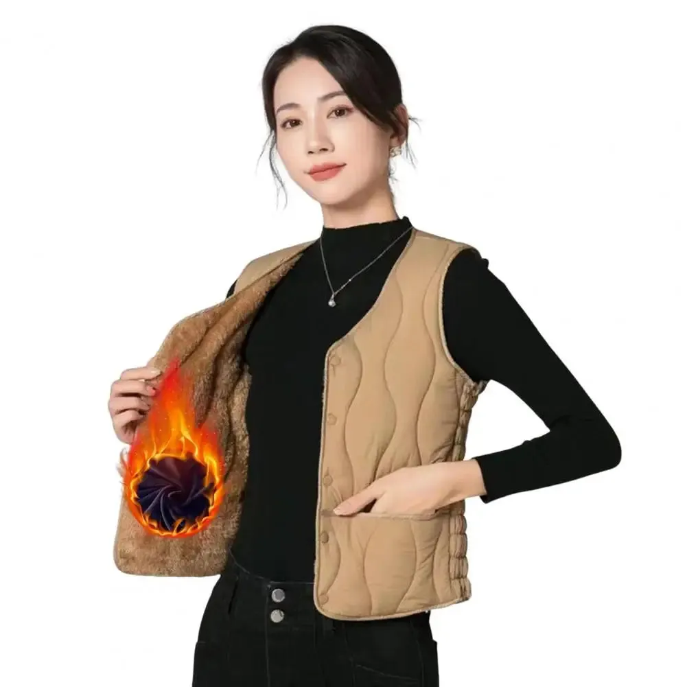 Button Closure Round Neck Sleeveless Solid Color Windproof Heat Retention Outdoor Coat Cotton Vest