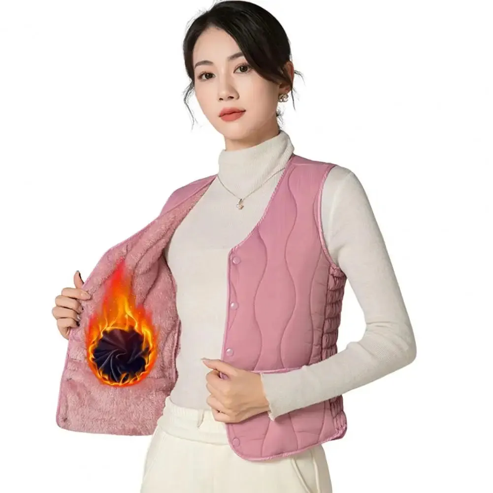 Button Closure Round Neck Sleeveless Solid Color Windproof Heat Retention Outdoor Coat Cotton Vest
