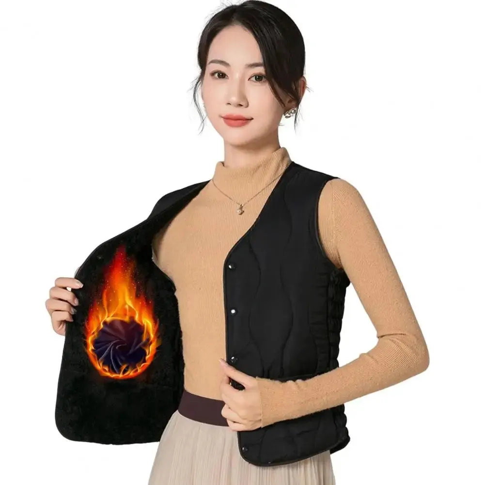 Button Closure Round Neck Sleeveless Solid Color Windproof Heat Retention Outdoor Coat Cotton Vest