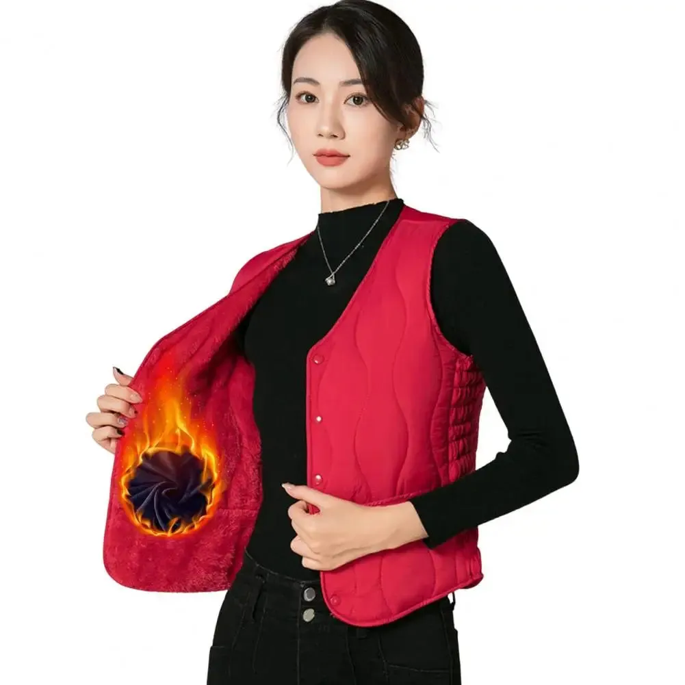 Button Closure Round Neck Sleeveless Solid Color Windproof Heat Retention Outdoor Coat Cotton Vest