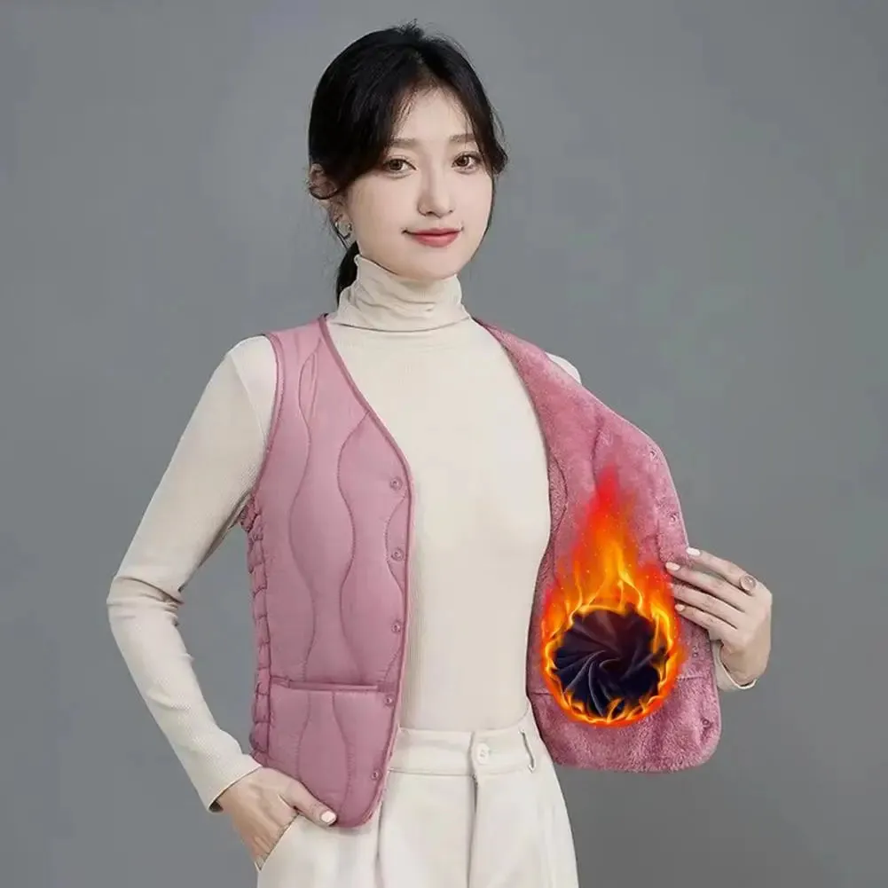 Button Closure Round Neck Sleeveless Solid Color Windproof Heat Retention Outdoor Coat Cotton Vest