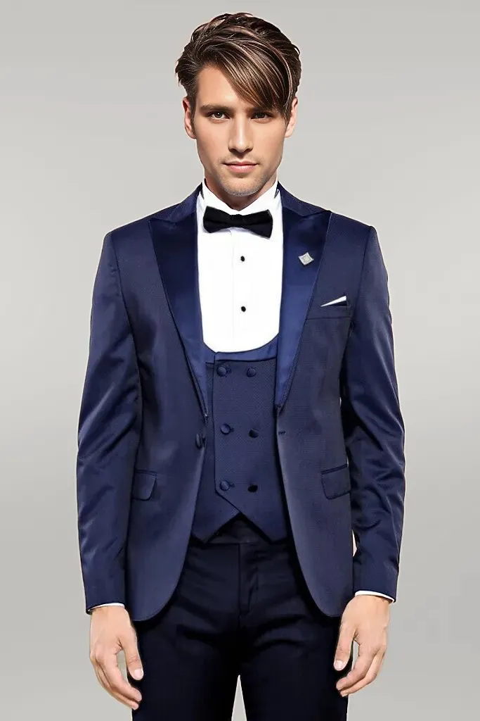 Detachable Lapel Navy Blue Men Tuxedo - Wessi