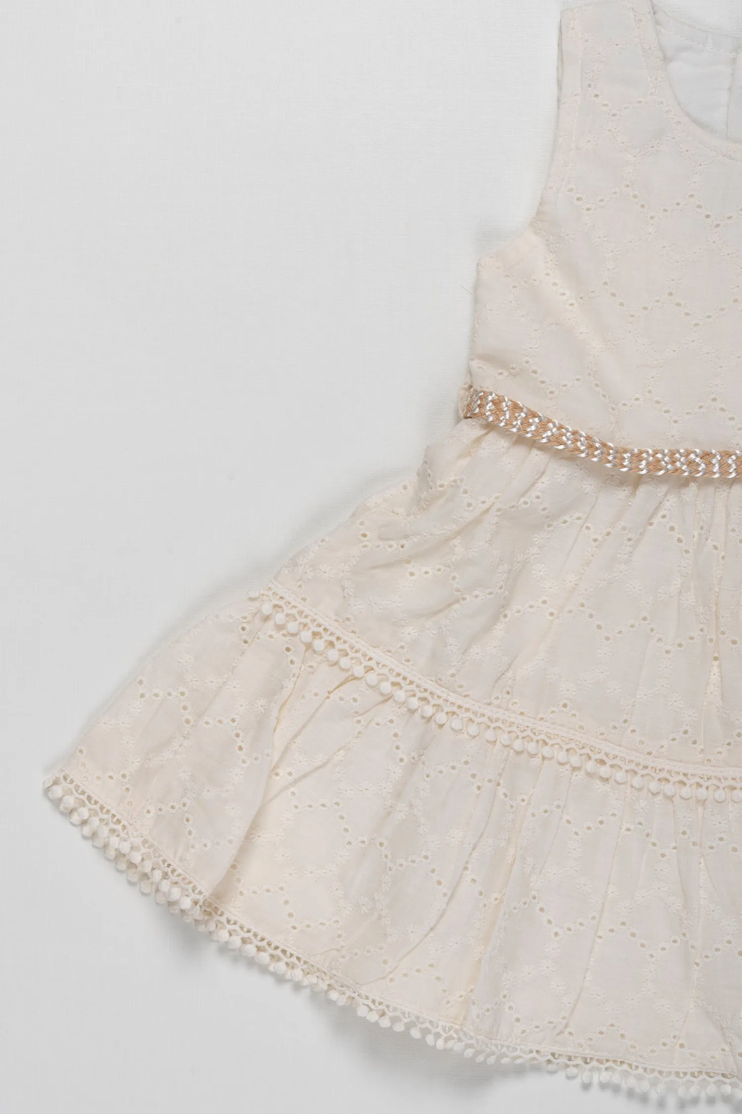 Elegant Ivory Eyelet Baby Frock with Glimmering Waistband - Timeless Elegance