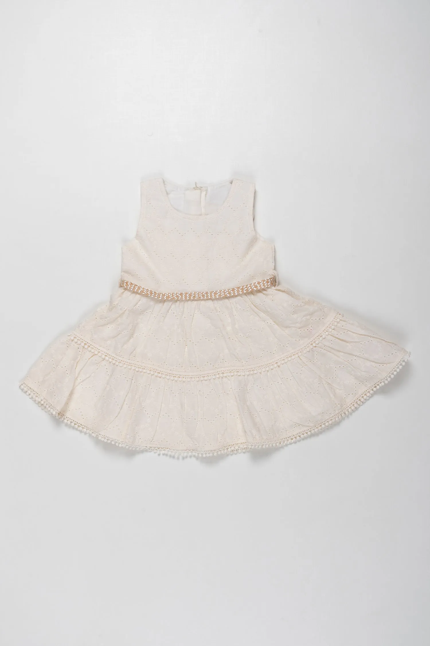Elegant Ivory Eyelet Baby Frock with Glimmering Waistband - Timeless Elegance