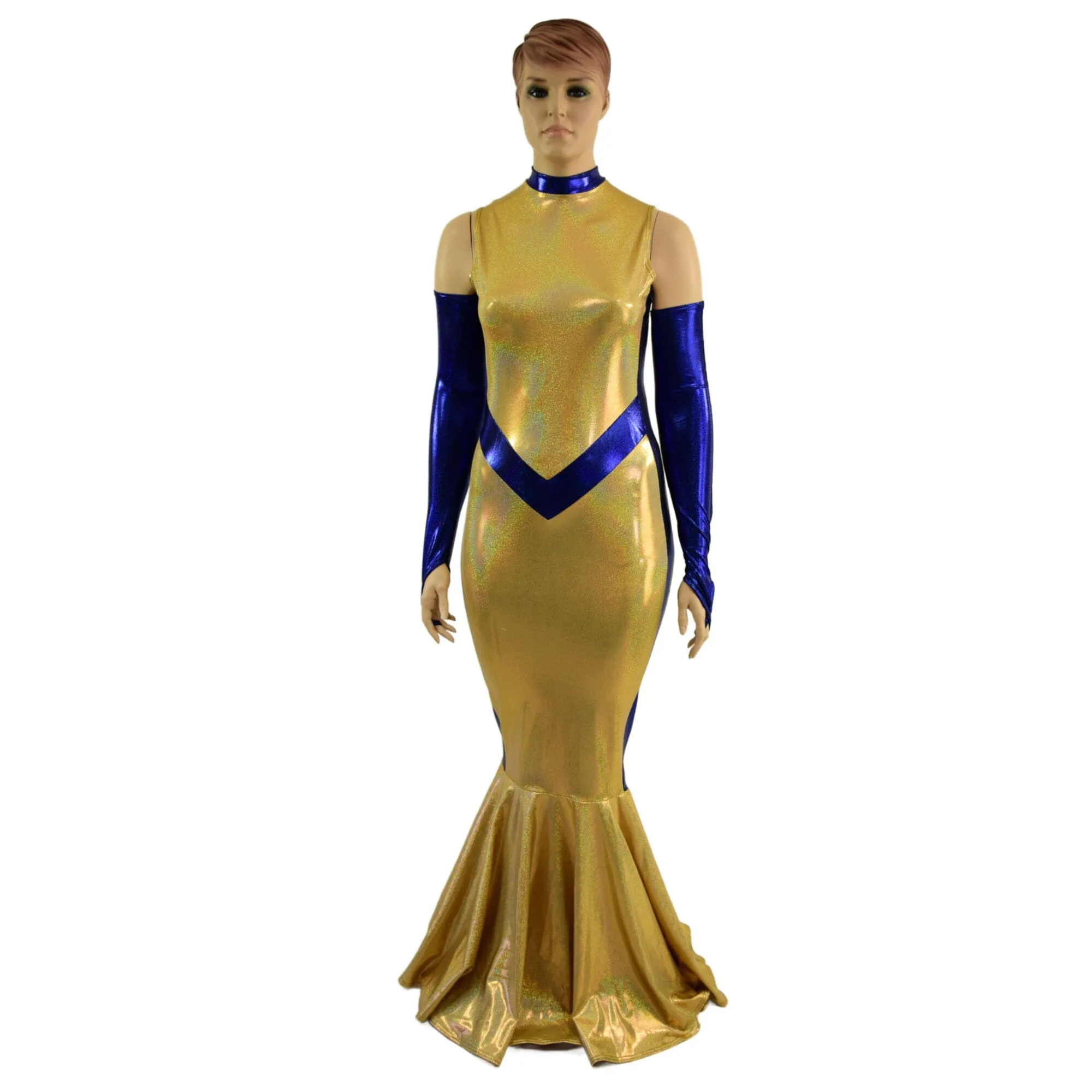 Gold and Blue Super Hero Fishtail Gown and Arm Warmers
