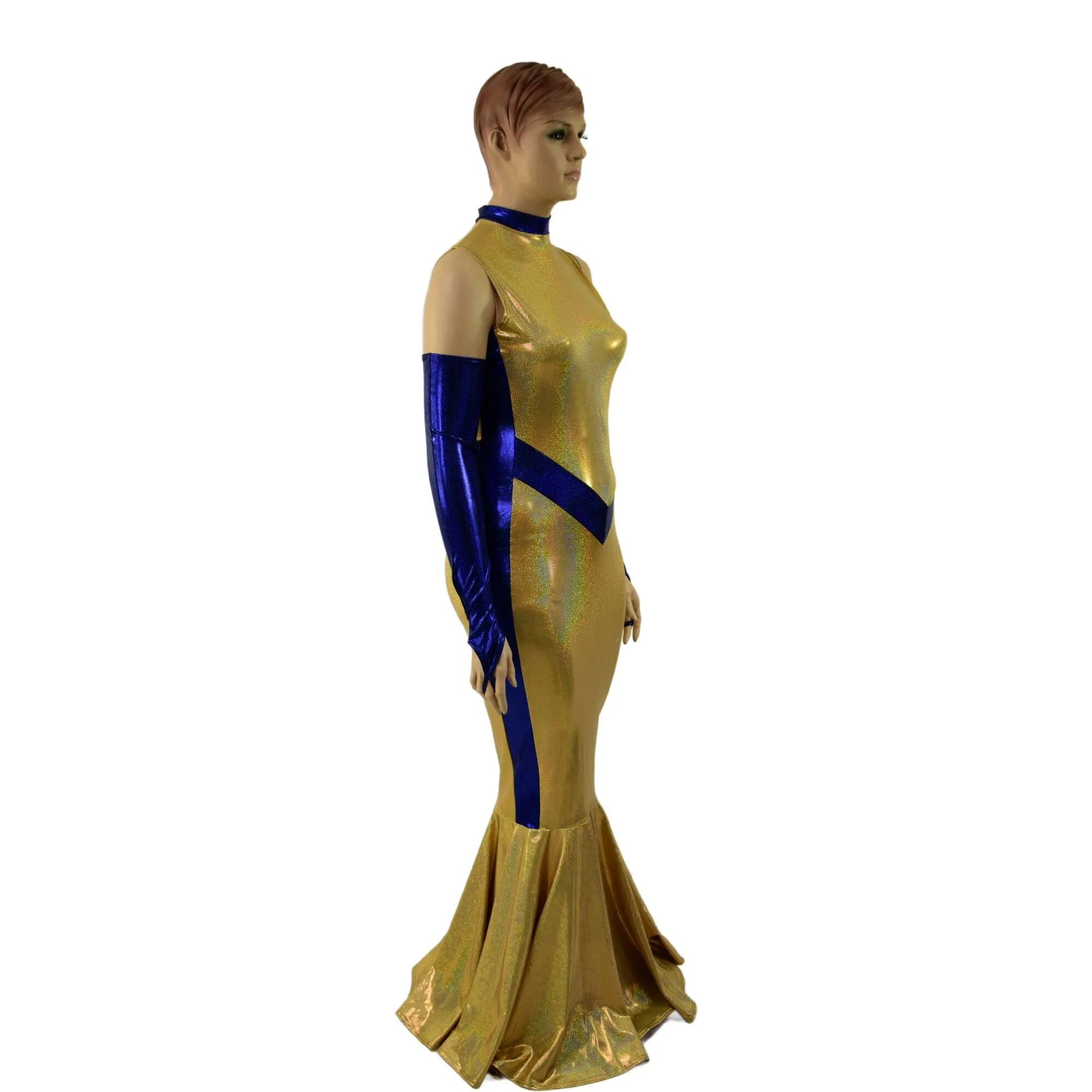 Gold and Blue Super Hero Fishtail Gown and Arm Warmers