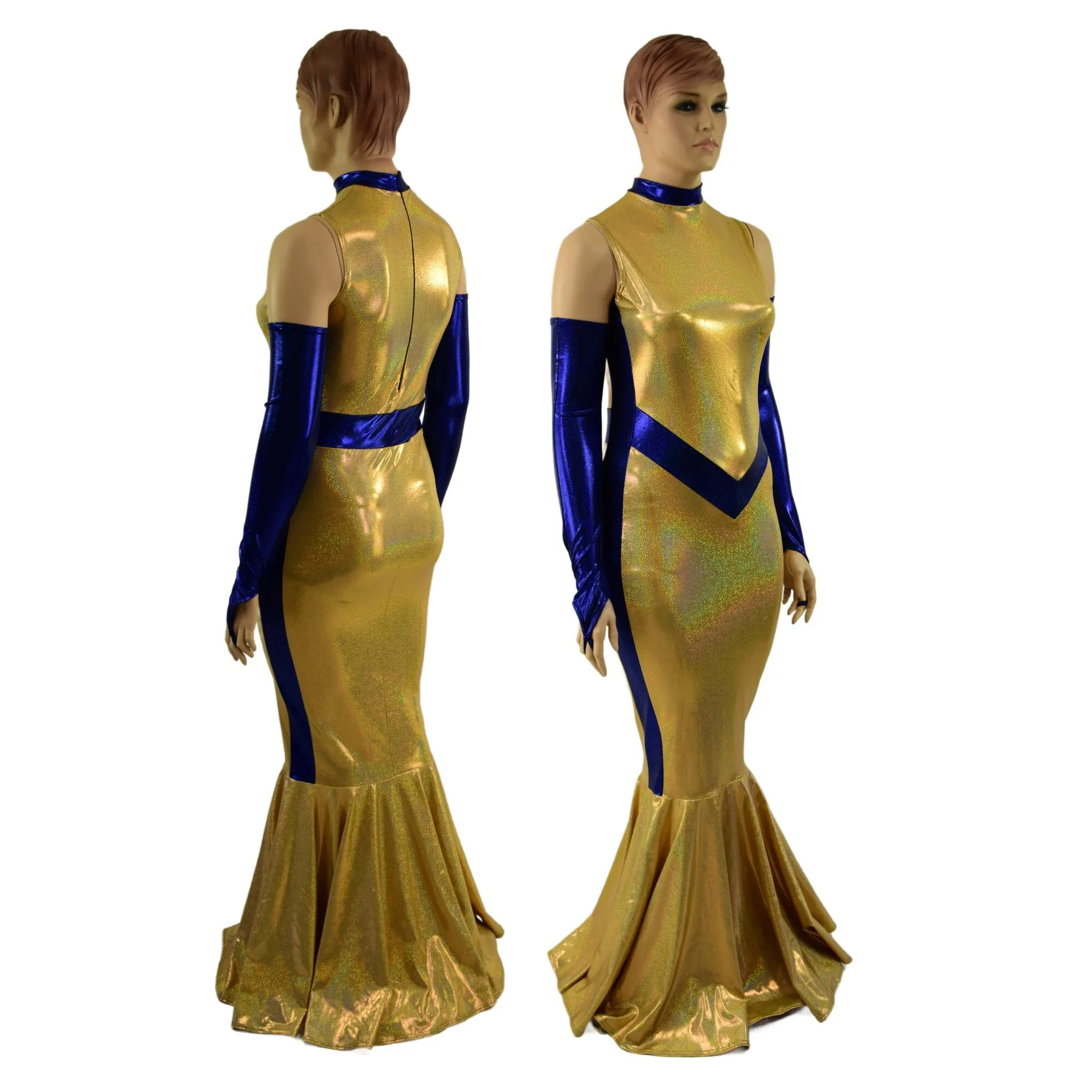 Gold and Blue Super Hero Fishtail Gown and Arm Warmers