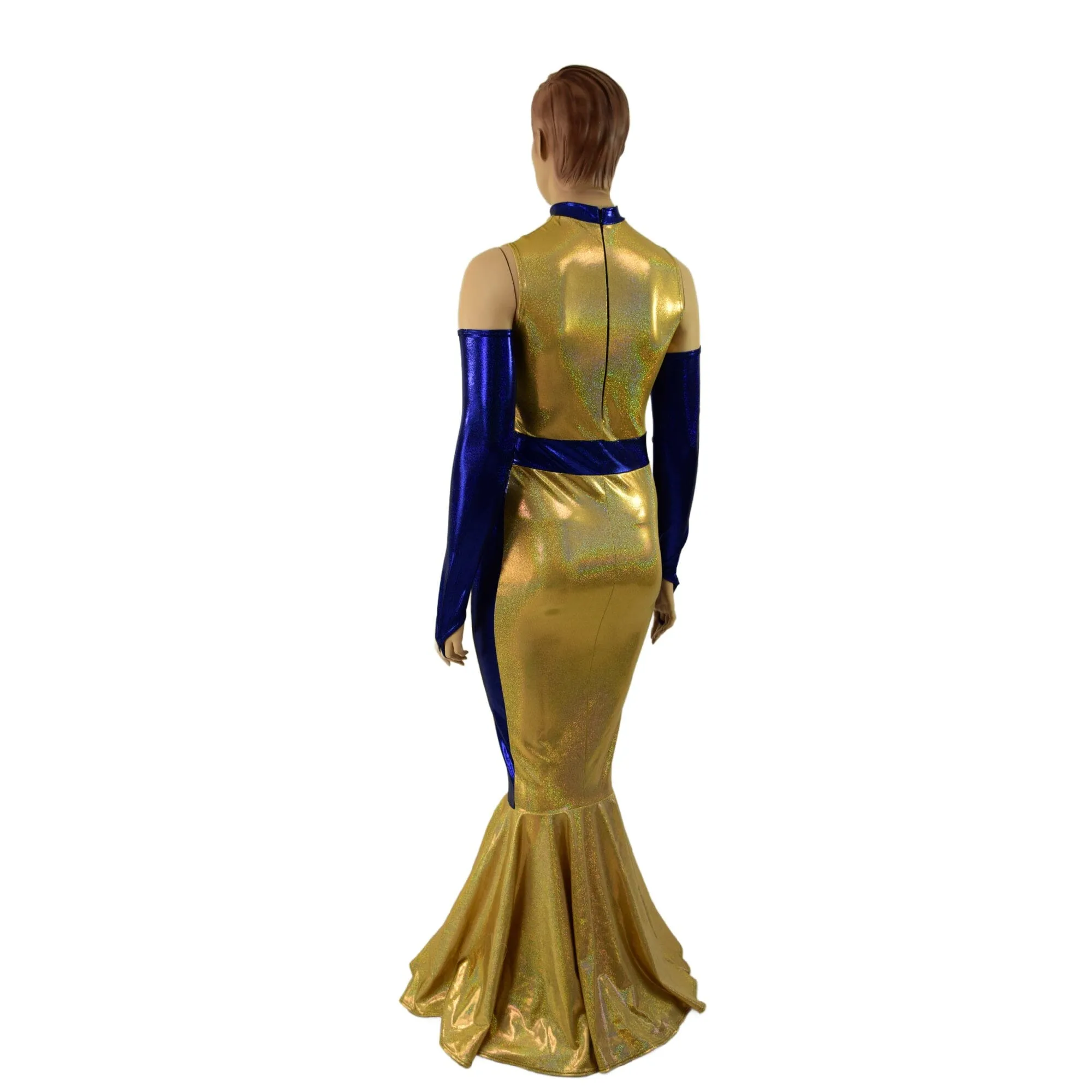 Gold and Blue Super Hero Fishtail Gown and Arm Warmers