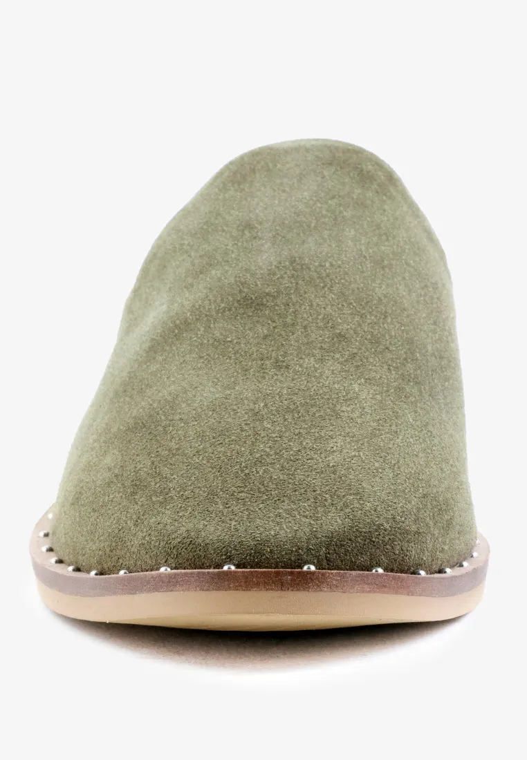 LIA Khaki Green Handcrafted Suede Mules