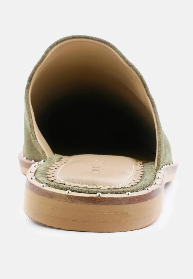 LIA Khaki Green Handcrafted Suede Mules
