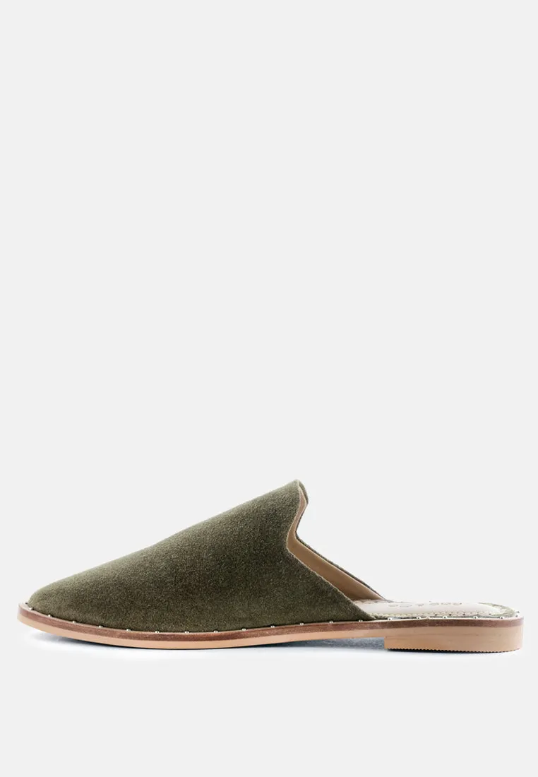 LIA Khaki Green Handcrafted Suede Mules