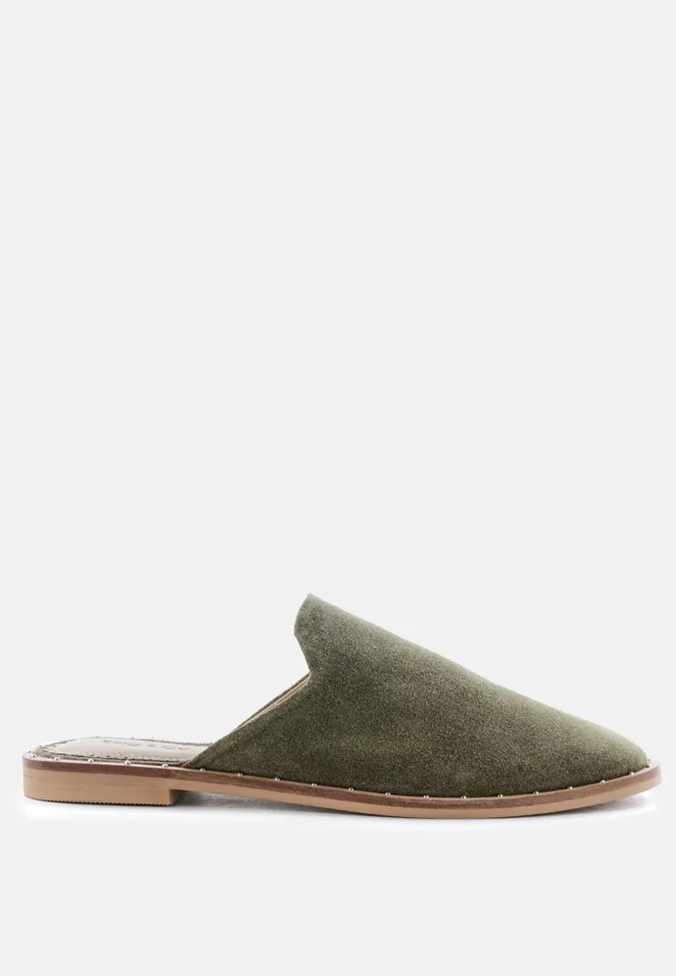 LIA Khaki Green Handcrafted Suede Mules