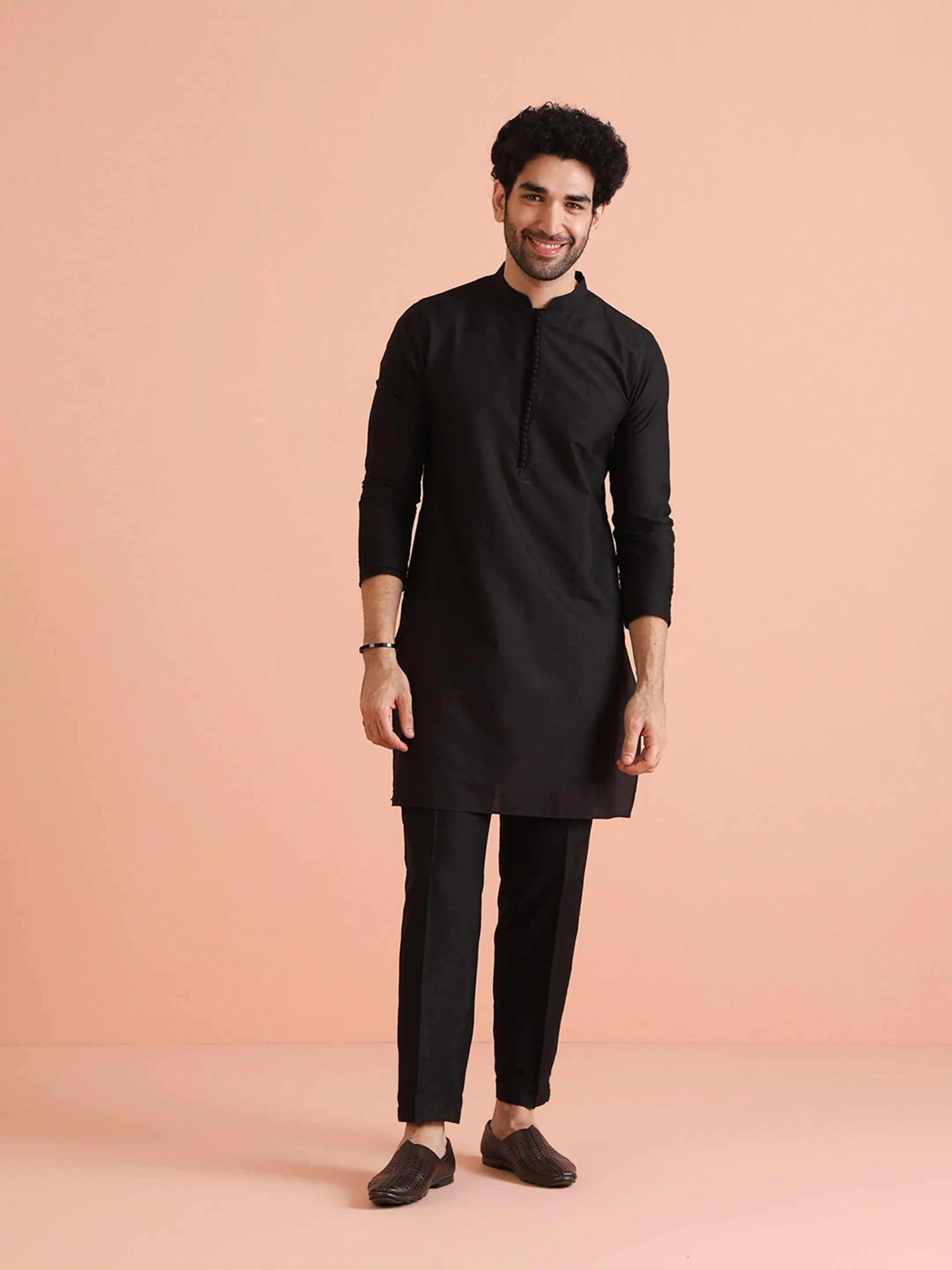 Men Black Heavy Thread Work Kurta Jacket Trouser Set