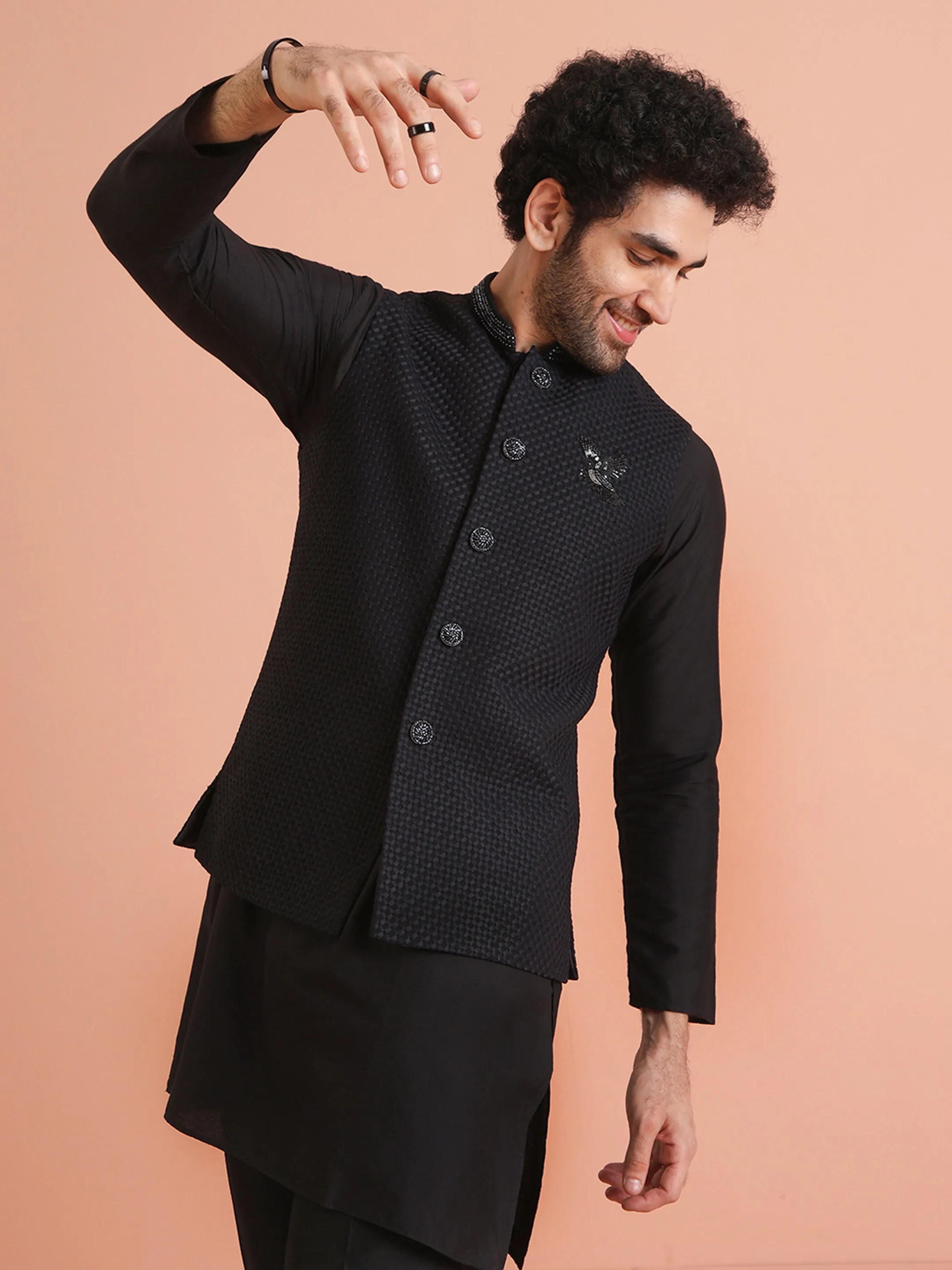 Men Black Heavy Thread Work Kurta Jacket Trouser Set
