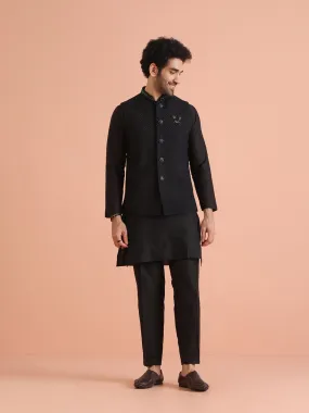 Men Black Heavy Thread Work Kurta Jacket Trouser Set