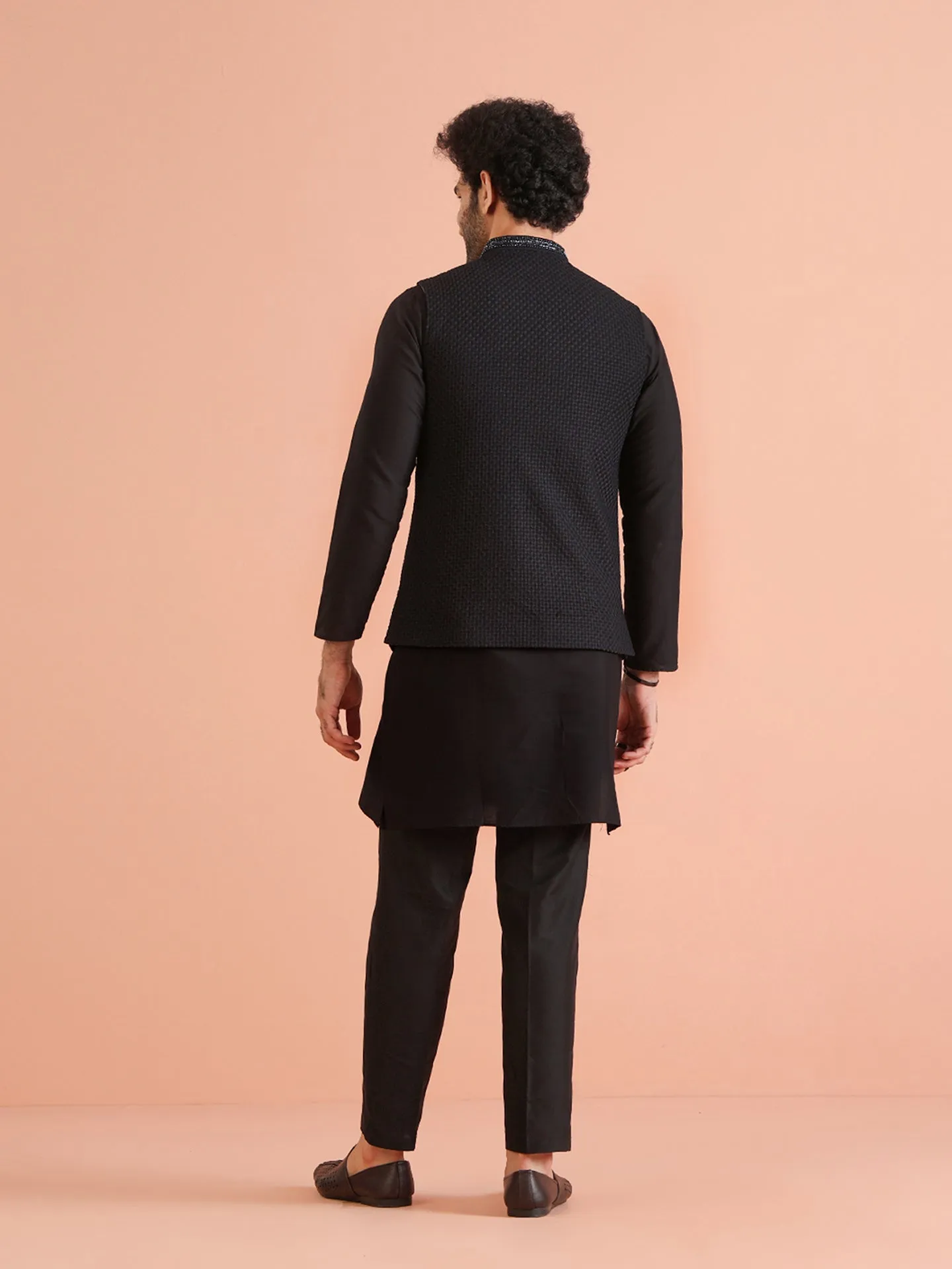 Men Black Heavy Thread Work Kurta Jacket Trouser Set