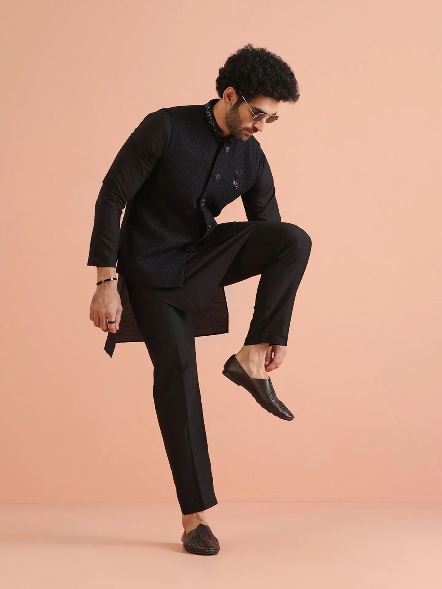Men Black Heavy Thread Work Kurta Jacket Trouser Set