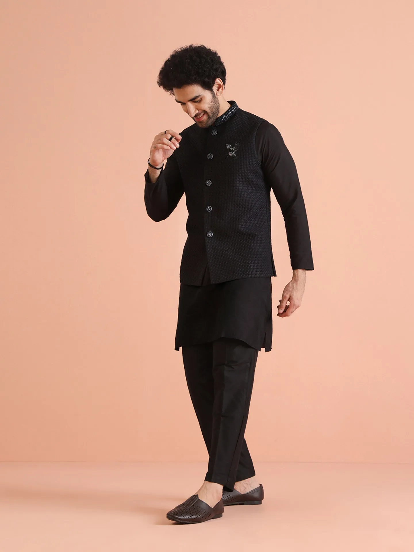 Men Black Heavy Thread Work Kurta Jacket Trouser Set