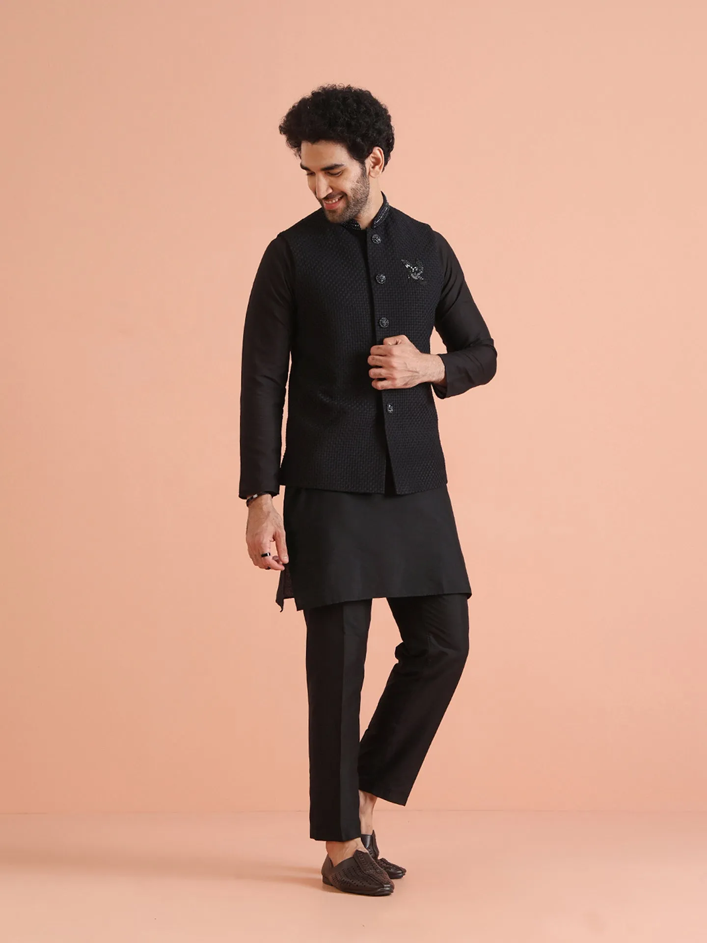 Men Black Heavy Thread Work Kurta Jacket Trouser Set