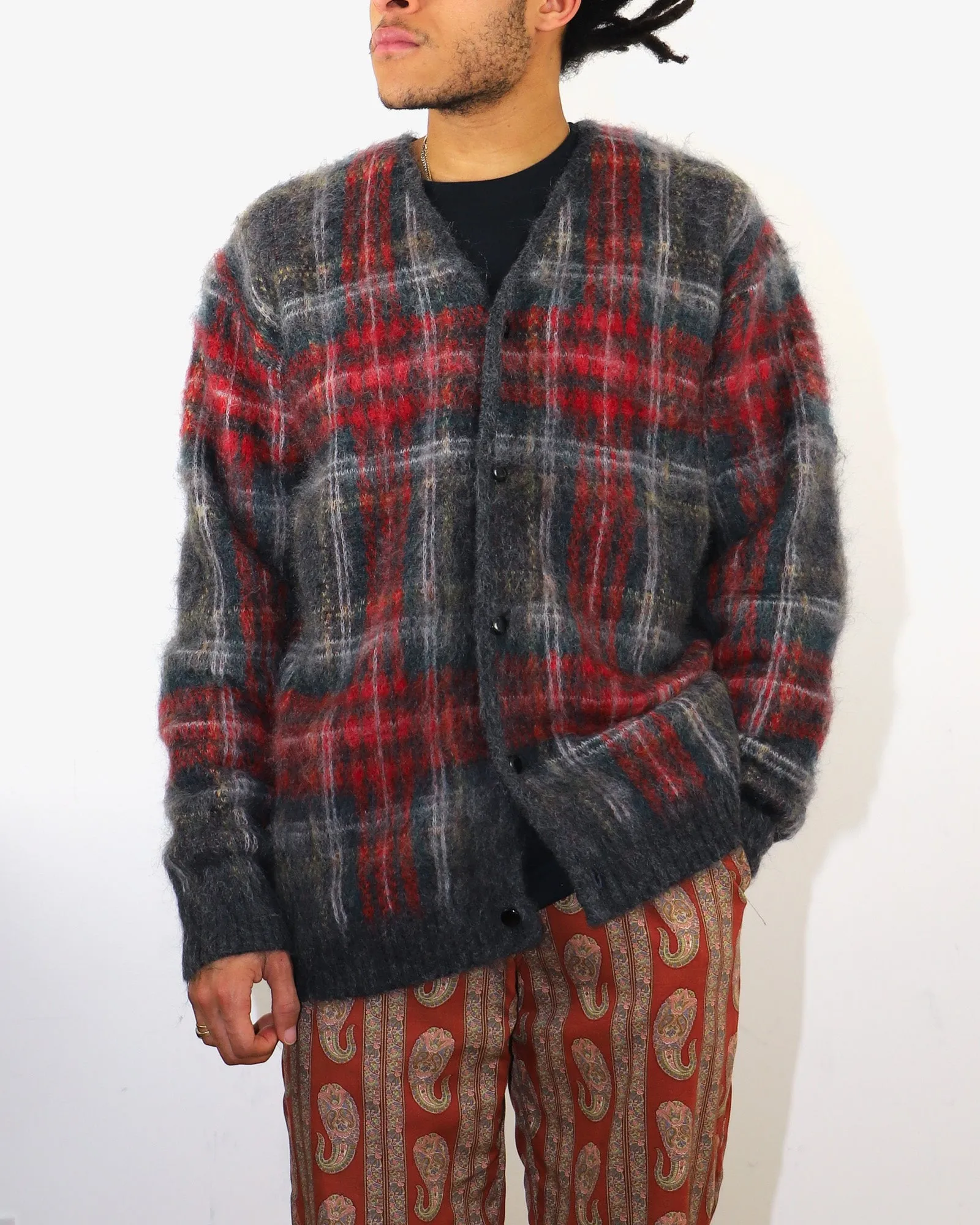 Mohair Cardigan – Red/Black Plaid