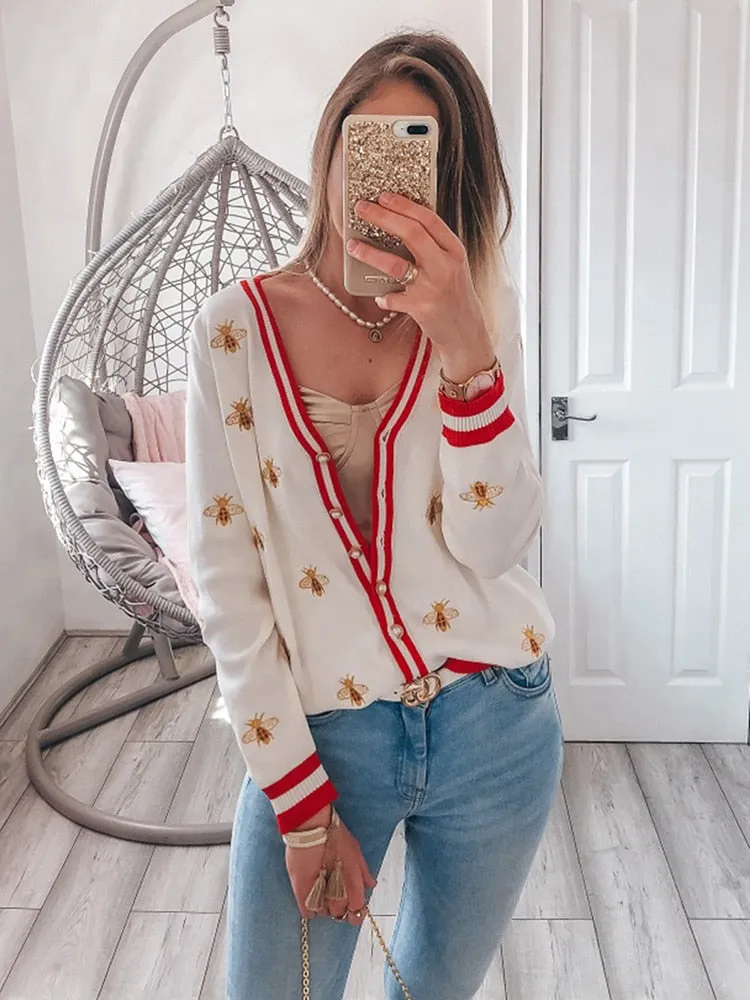 Preppy Bee Embroidered Cardigan