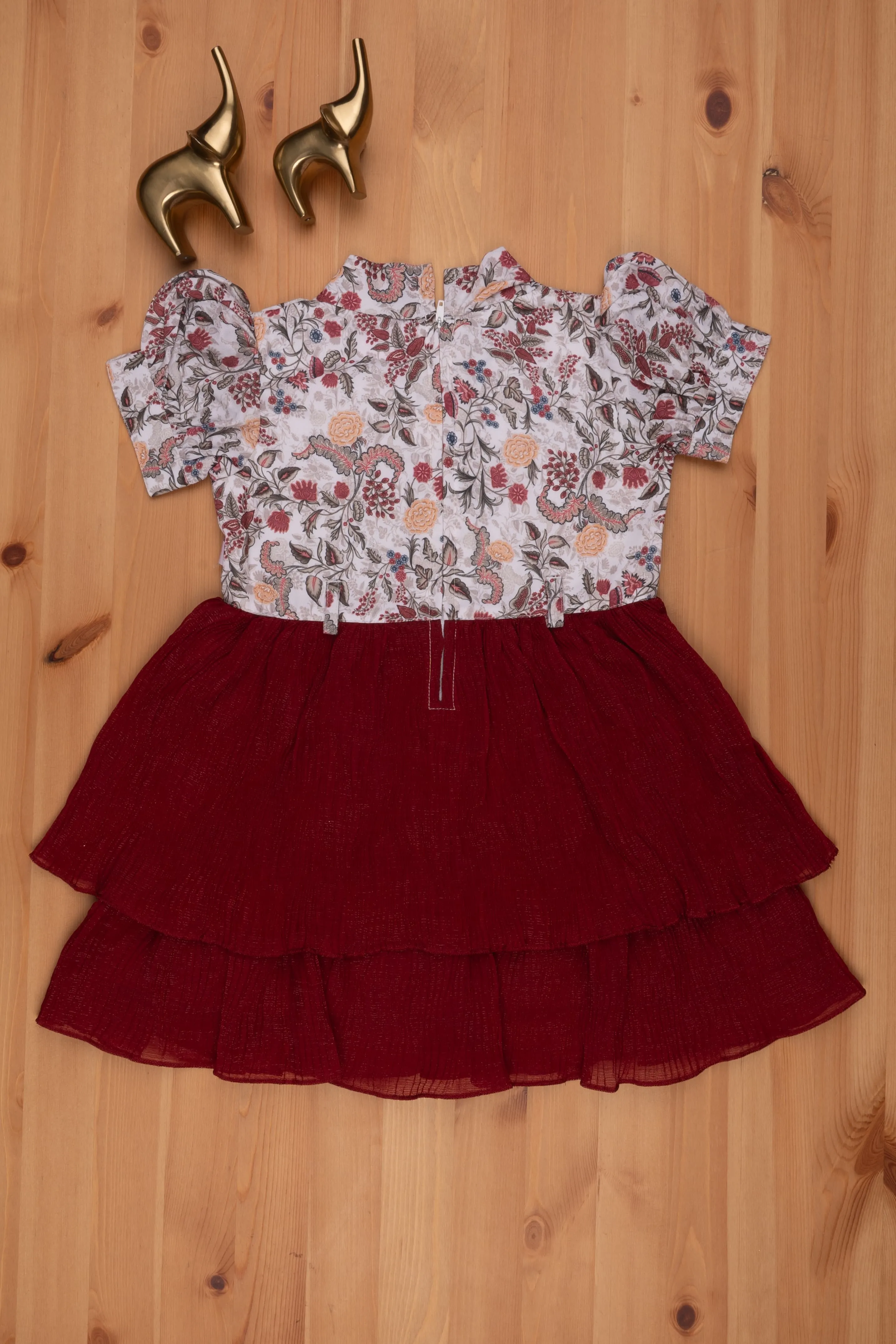 Red Double Layer Flared Frock - Floral Tie Neck & Chic Look