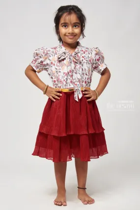 Red Double Layer Flared Frock - Floral Tie Neck & Chic Look