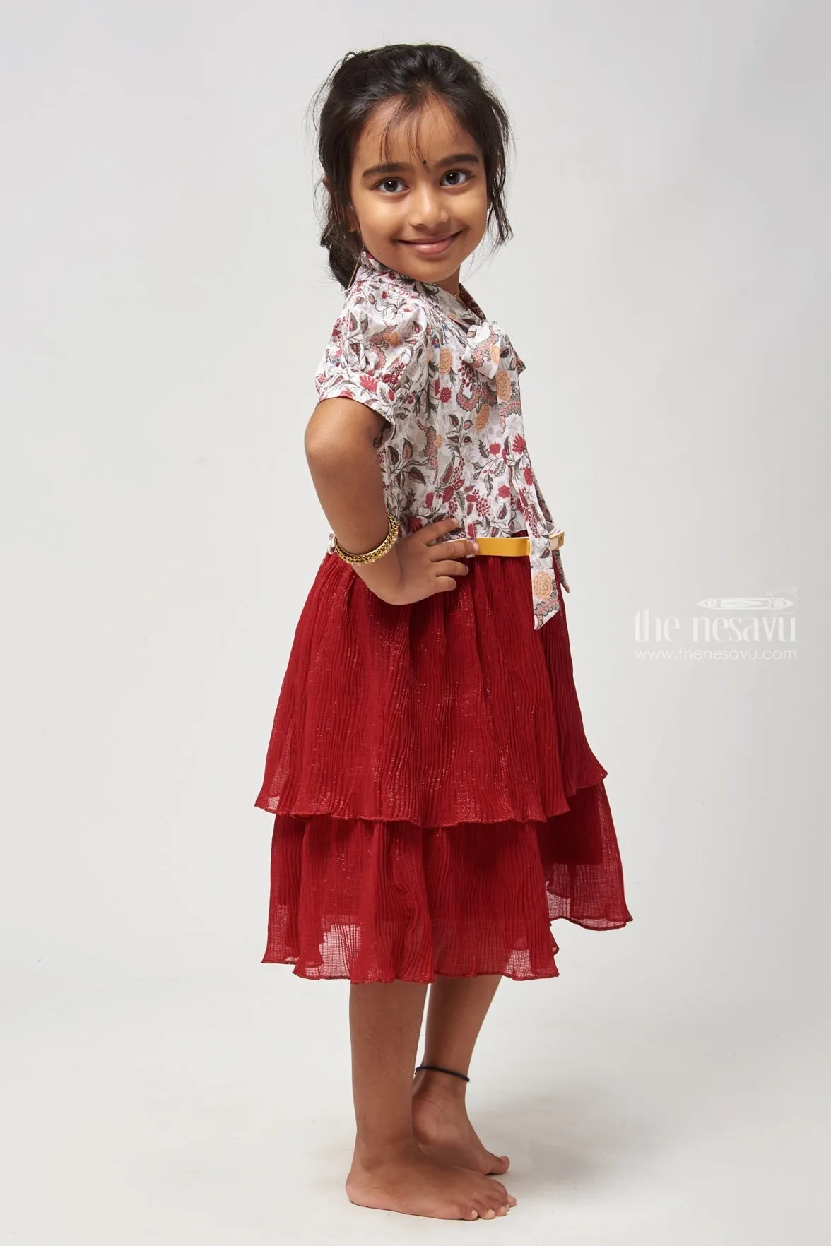Red Double Layer Flared Frock - Floral Tie Neck & Chic Look