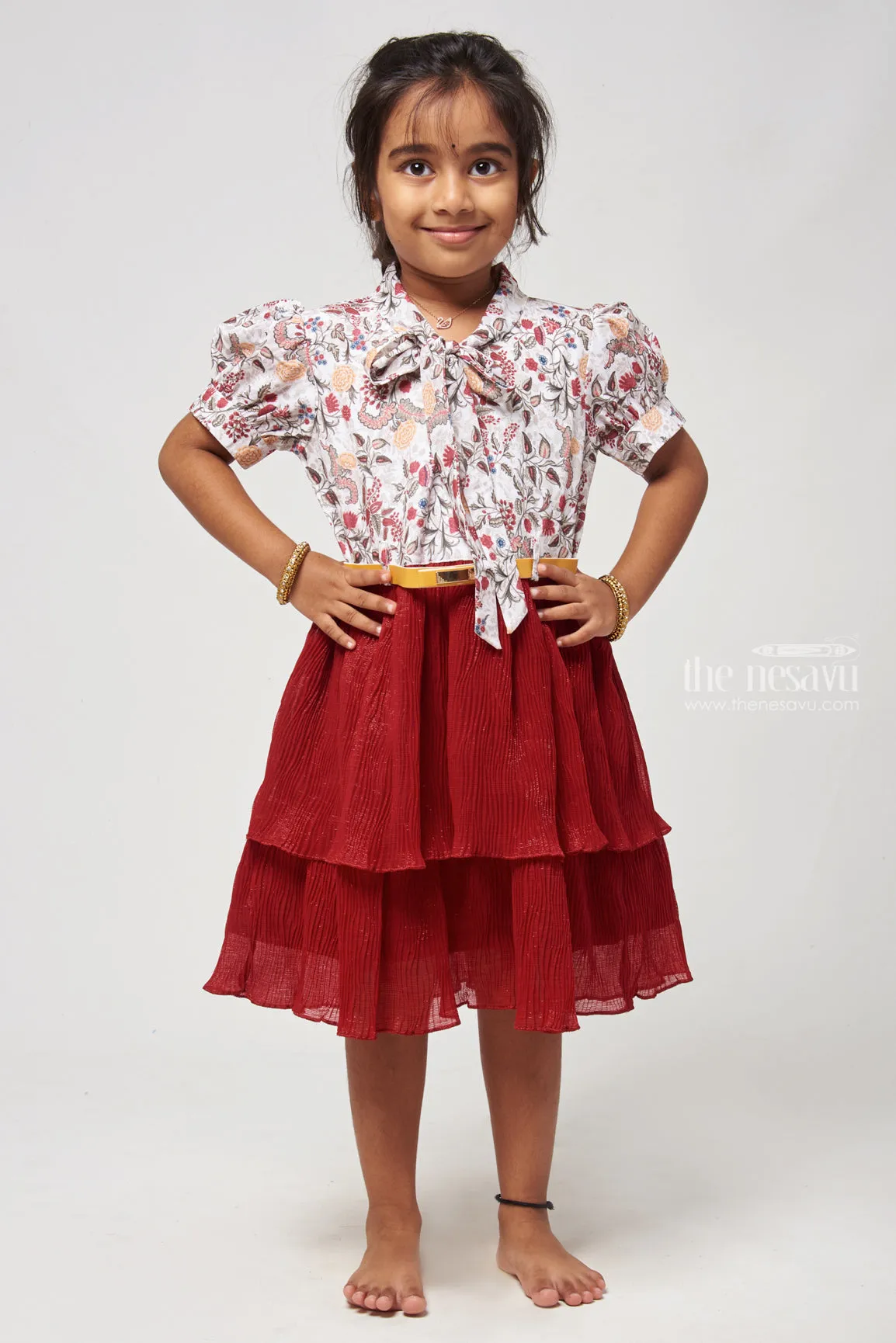 Red Double Layer Flared Frock - Floral Tie Neck & Chic Look