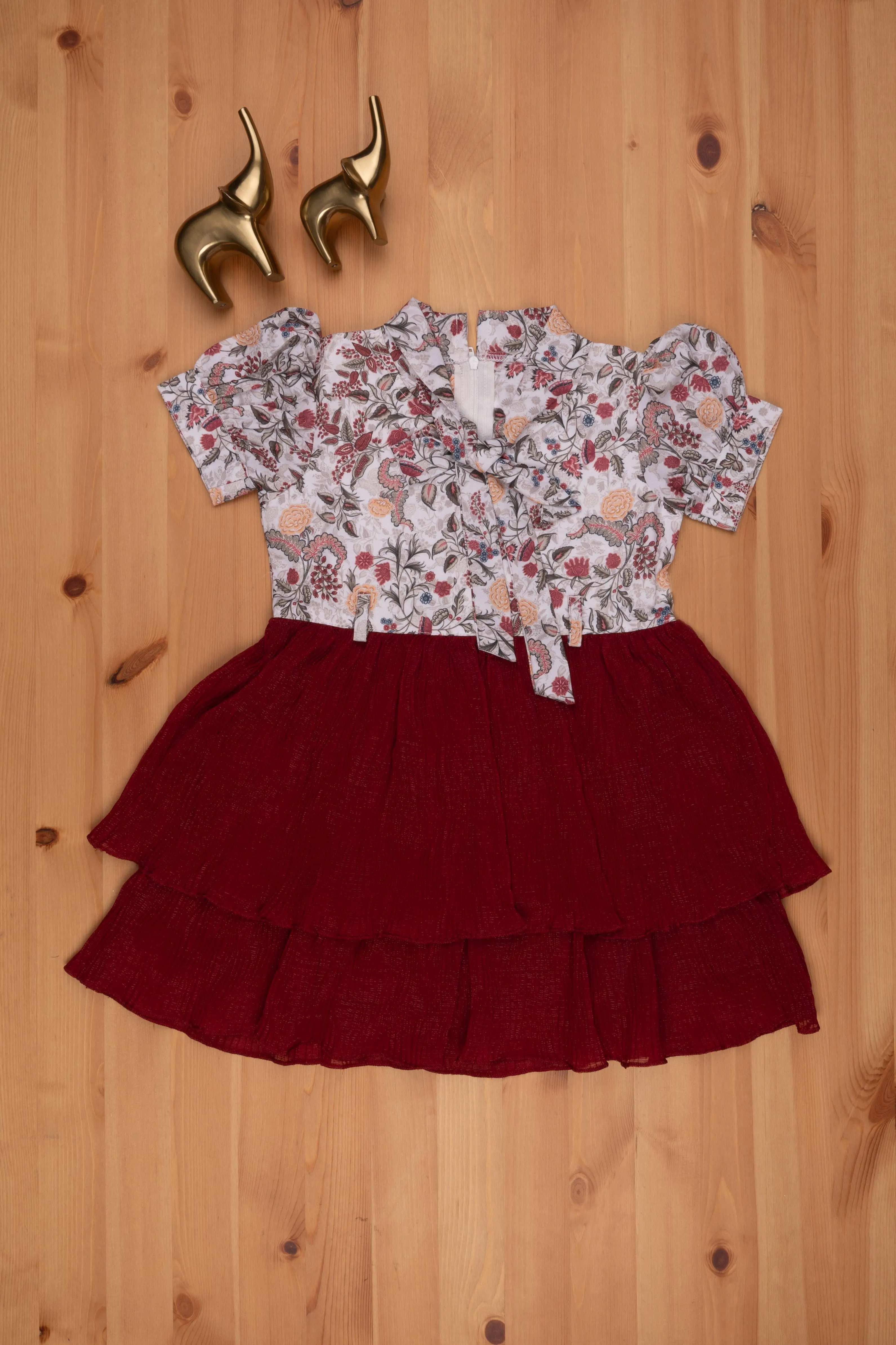 Red Double Layer Flared Frock - Floral Tie Neck & Chic Look