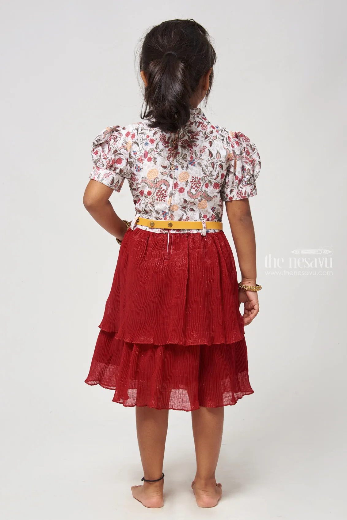 Red Double Layer Flared Frock - Floral Tie Neck & Chic Look