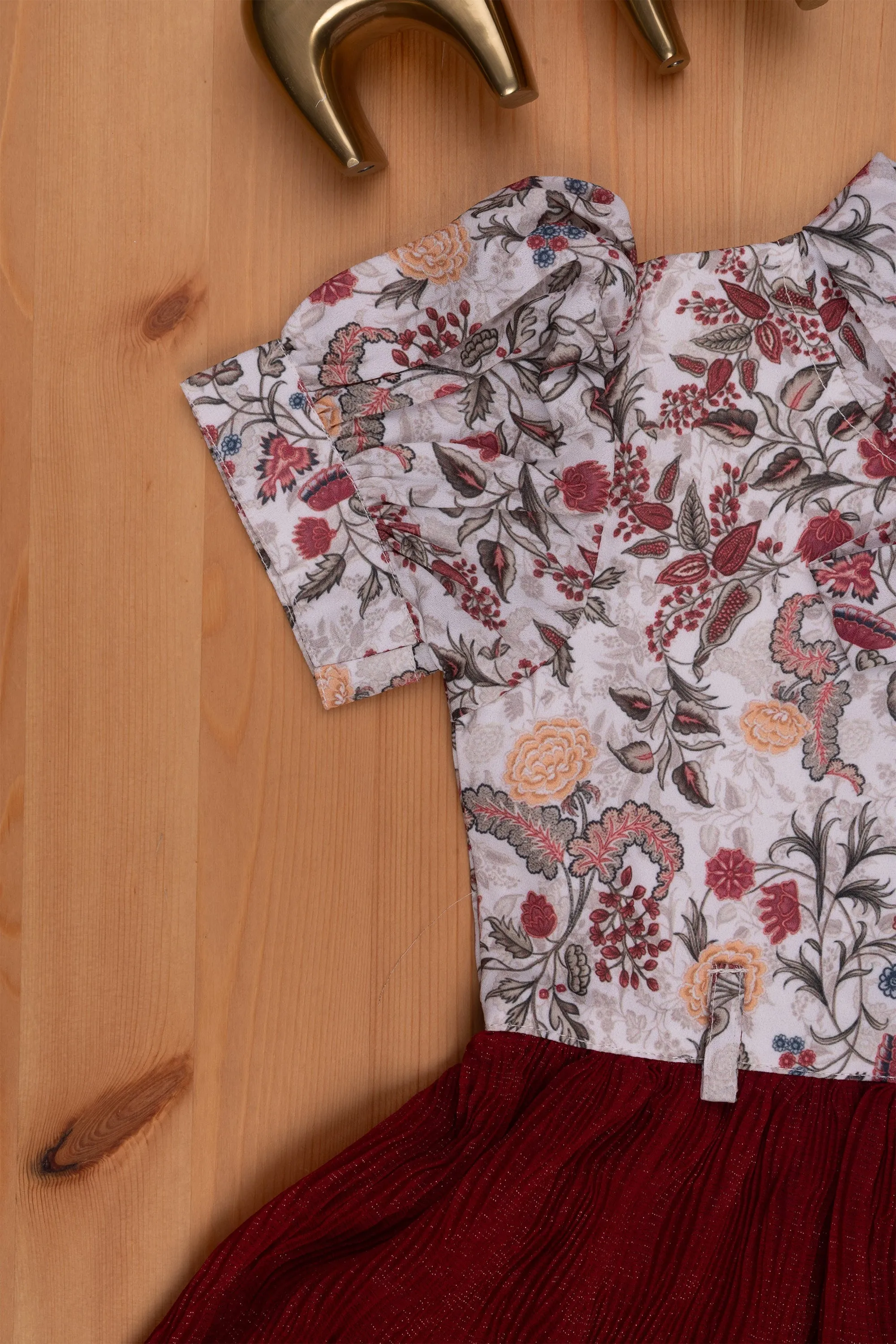 Red Double Layer Flared Frock - Floral Tie Neck & Chic Look