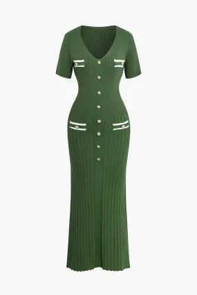 Ribbed Knit V-neck Midi Dress