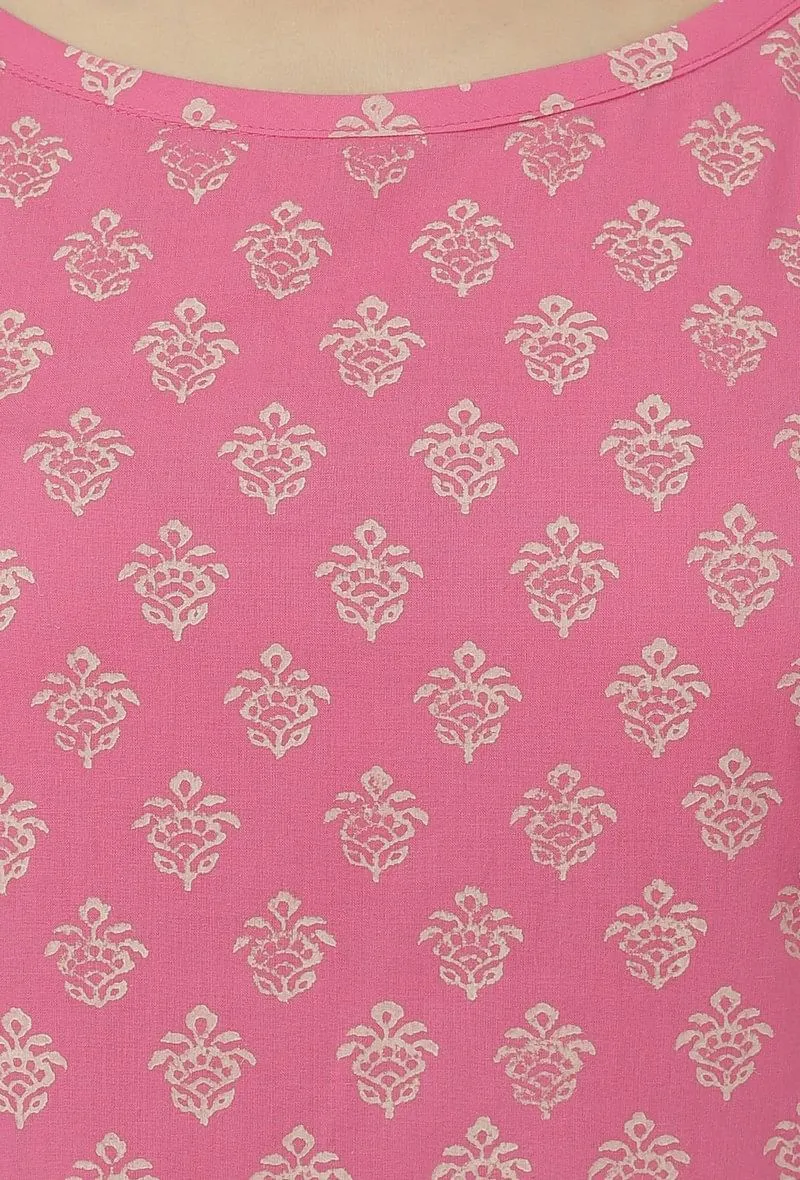 Set of 2: Gul Pink Buti Hand-Block Printed Cotton Slip with Plain Flared Palazzo