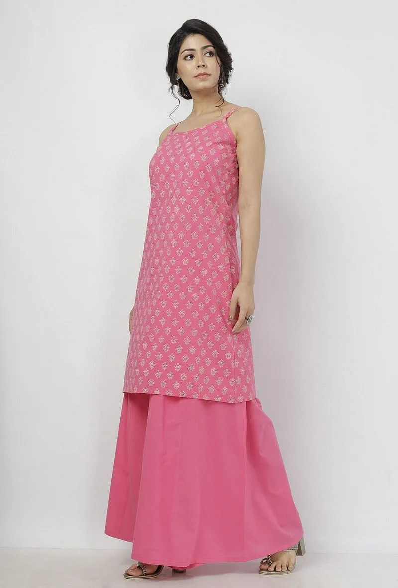 Set of 2: Gul Pink Buti Hand-Block Printed Cotton Slip with Plain Flared Palazzo
