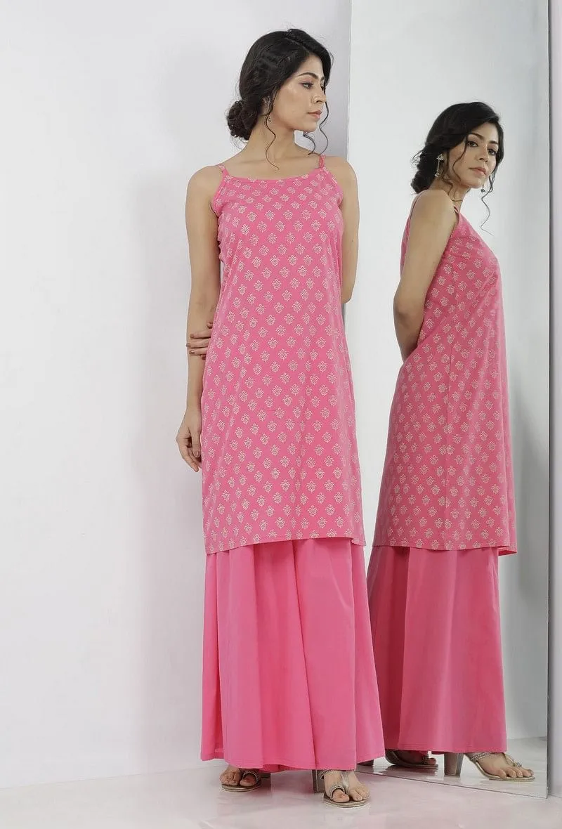 Set of 2: Gul Pink Buti Hand-Block Printed Cotton Slip with Plain Flared Palazzo