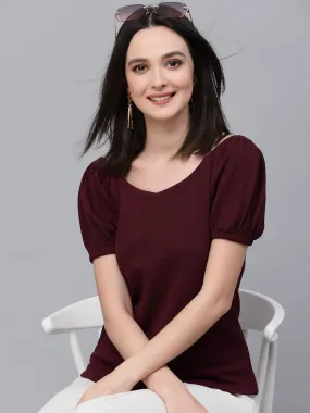 Style Quotient Women Maroon Poly Knit Smart Casual Top