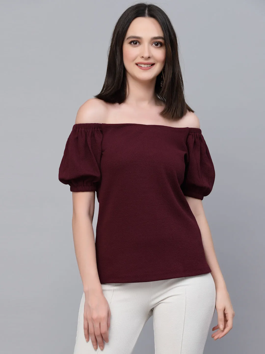 Style Quotient Women Maroon Poly Knit Smart Casual Top