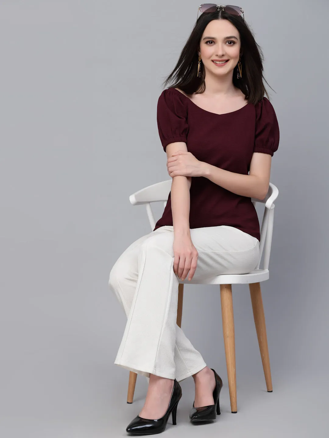 Style Quotient Women Maroon Poly Knit Smart Casual Top