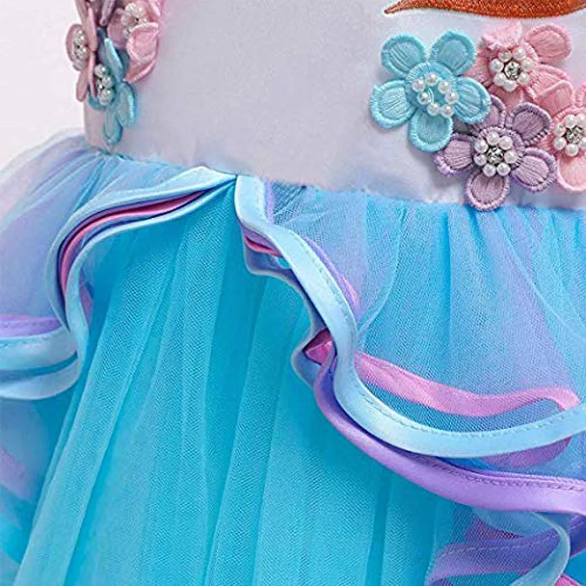 Unicorn Princess Costume Birthday Pageant Party Dance Performance Carnival Long Maxi Tulle Fancy Dress Up Outfits - Blue