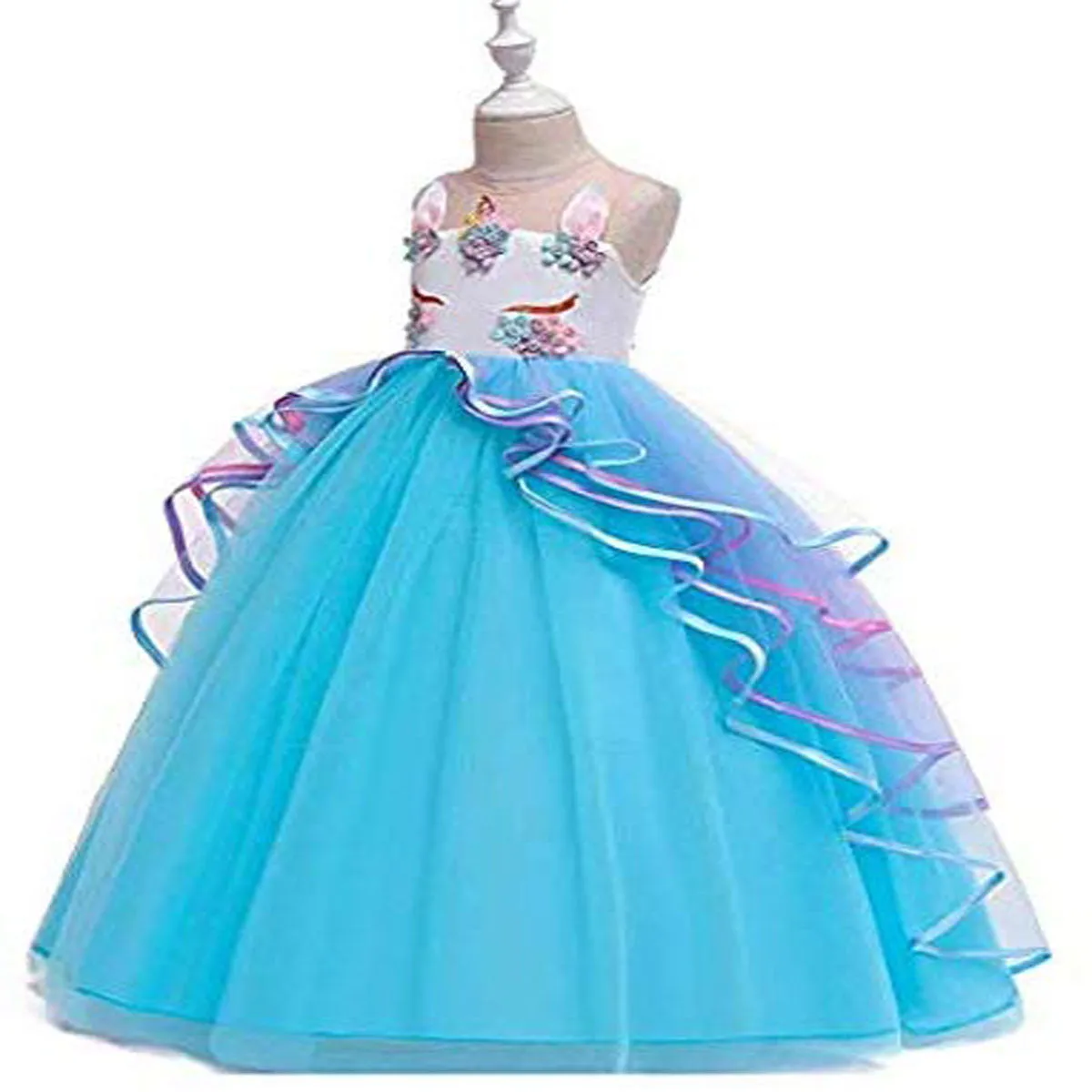 Unicorn Princess Costume Birthday Pageant Party Dance Performance Carnival Long Maxi Tulle Fancy Dress Up Outfits - Blue